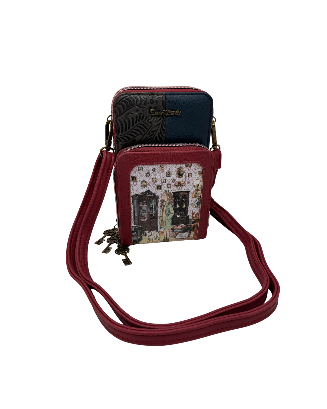 Bolso Bandolera Sweet Candy Burdeos con Estampado Vintage