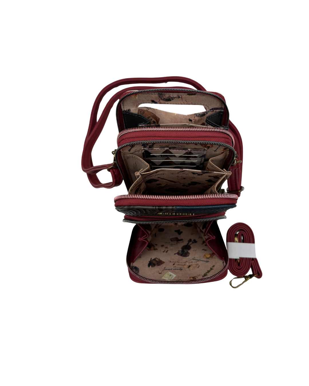 Bolso Bandolera Sweet Candy Burdeos con Estampado Vintage