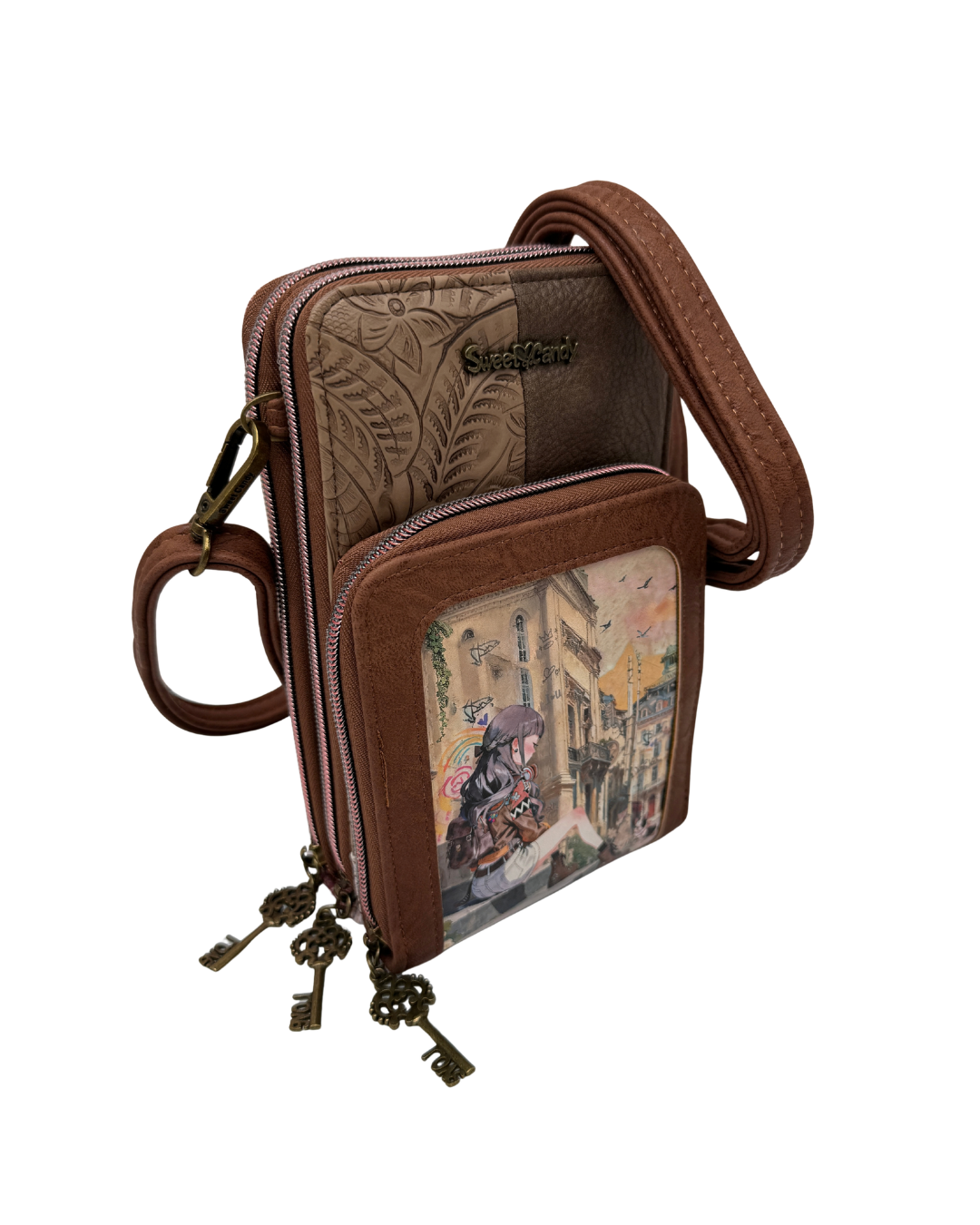 Bolso Bandolera Sweet Candy Marrón con Estampado Urbano