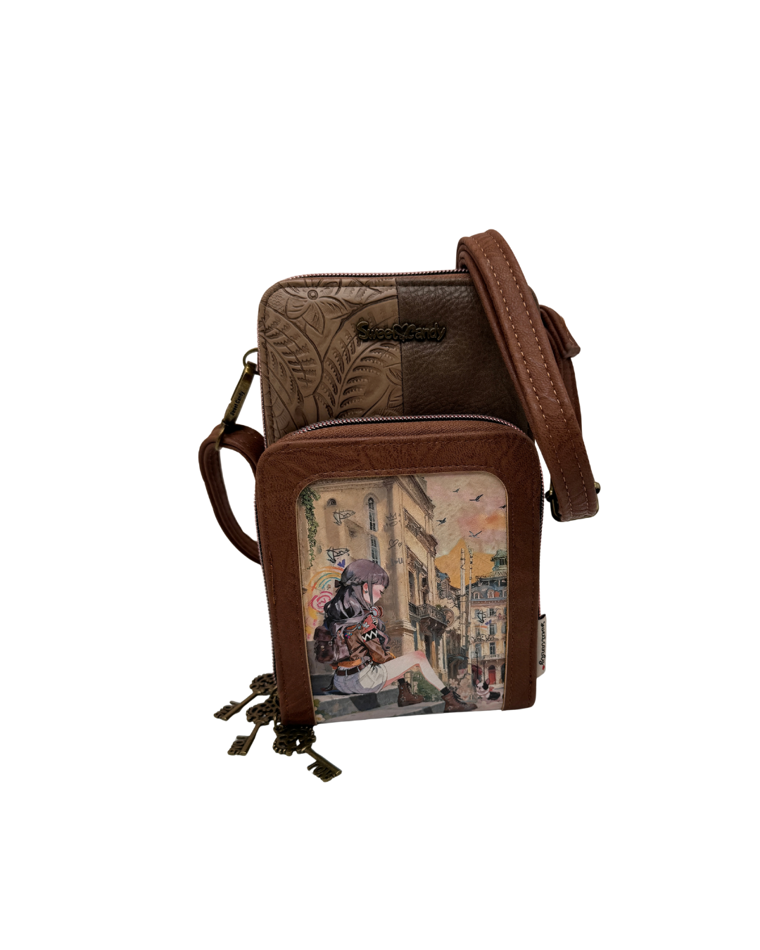 Bolso Bandolera Sweet Candy Marrón con Estampado Urbano