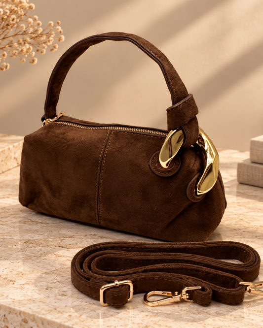 Bolso de Mano y Bandolera Marrón Efecto Ante con Detalles Dorados