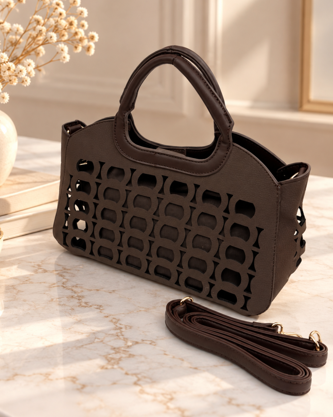 Bolso de Mano y Bandolera Chocolate con Diseño Calado