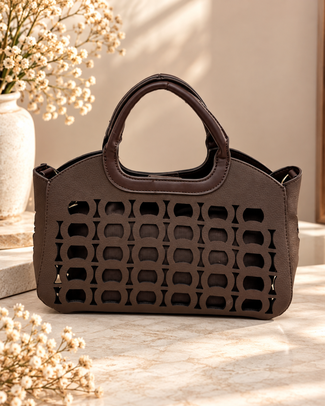 Bolso de Mano y Bandolera Chocolate con Diseño Calado
