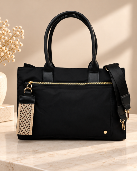 Bolso Shopper Negro de Mujer con Bandolera y Bolsillos