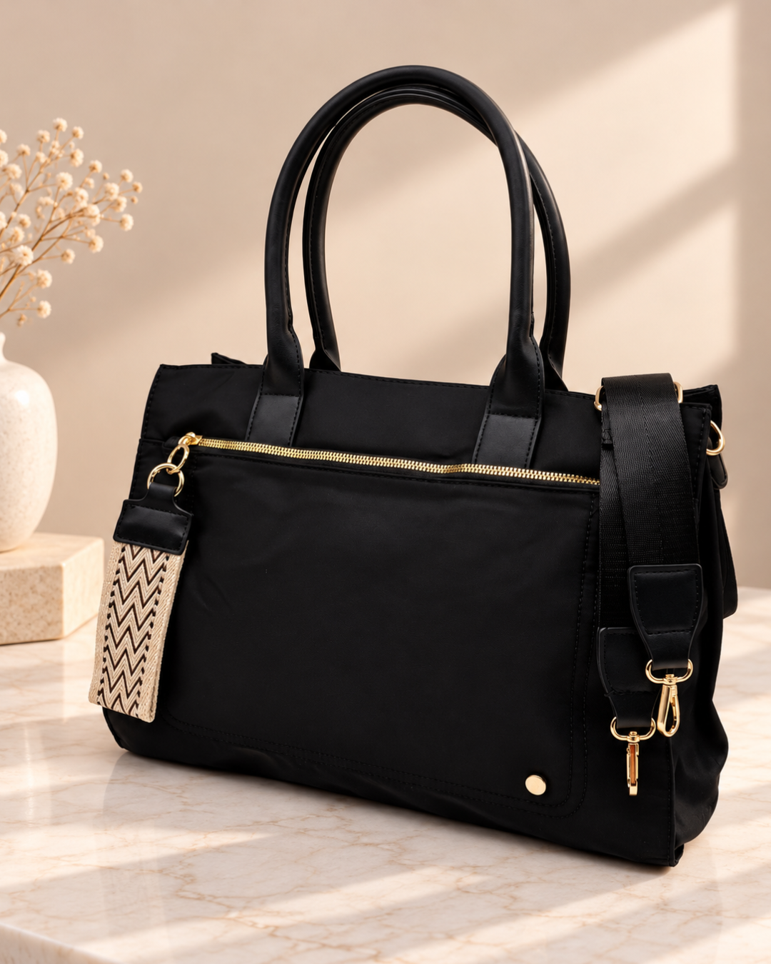Bolso Shopper Negro de Mujer con Bandolera y Bolsillos