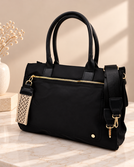 Bolso Shopper Negro de Mujer con Bandolera y Bolsillos