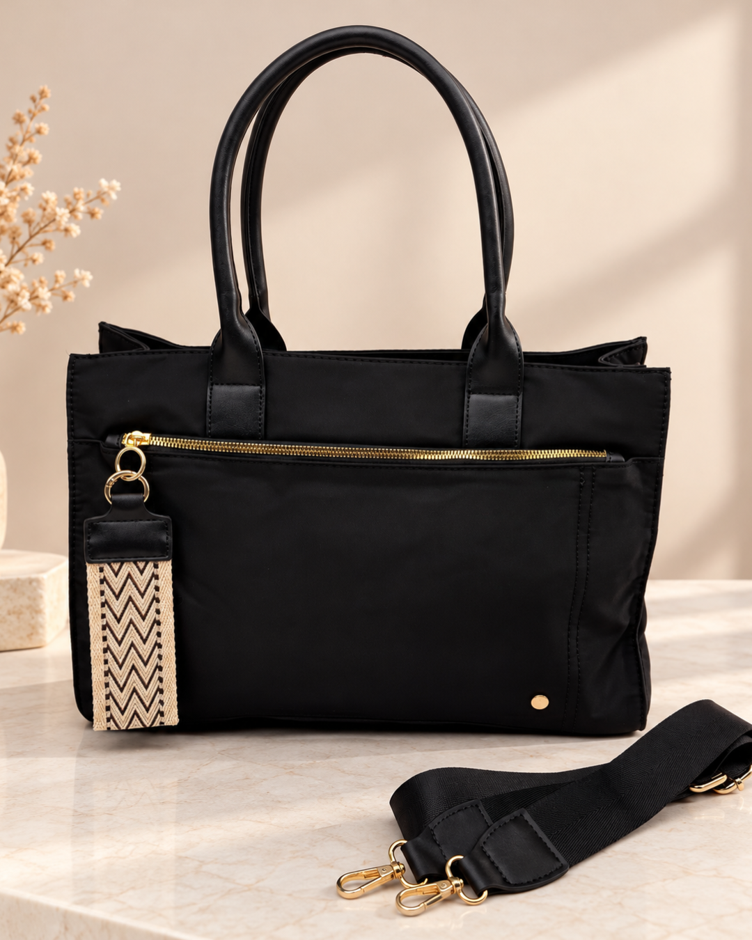 Bolso Shopper Negro de Mujer con Bandolera y Bolsillos