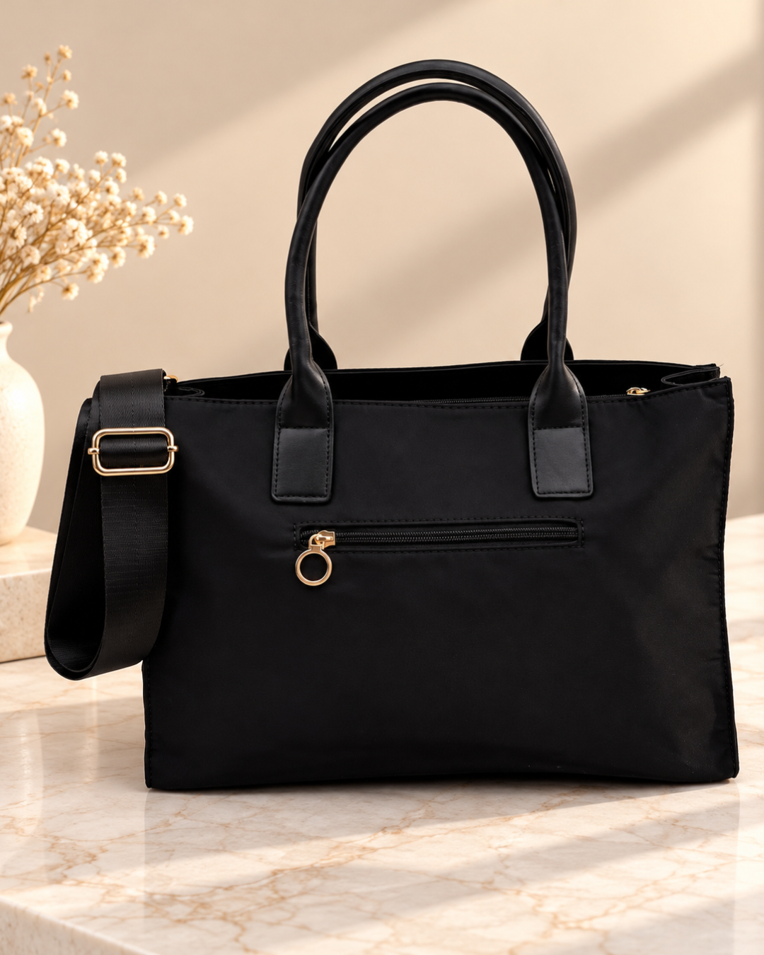 Bolso Shopper Negro de Mujer con Bandolera y Bolsillos