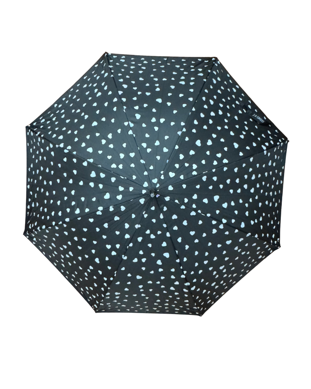 Paraguas negro con corazones que cambian de color con la lluvia
