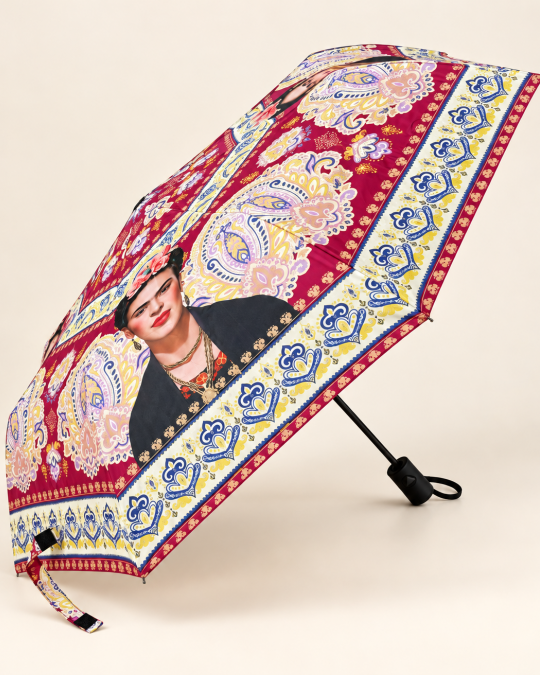 Paraguas plegable Frida Kahlo granate con estampado paisley y funda