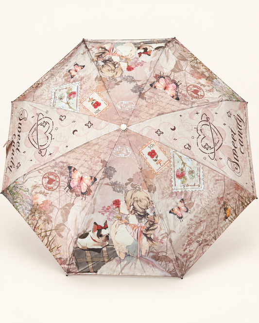 Paraguas plegable Sweet Candy rosa vintage con mariposas y estuche