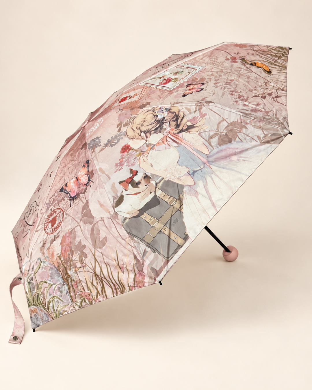 Paraguas plegable Sweet Candy rosa vintage con mariposas y estuche