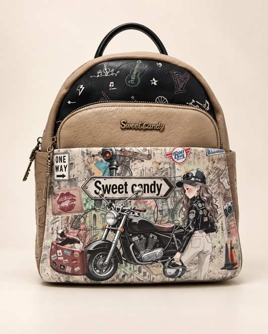Mochila Sweet Candy de Mujer Beige y Negra con Estampado de Chica Motera
