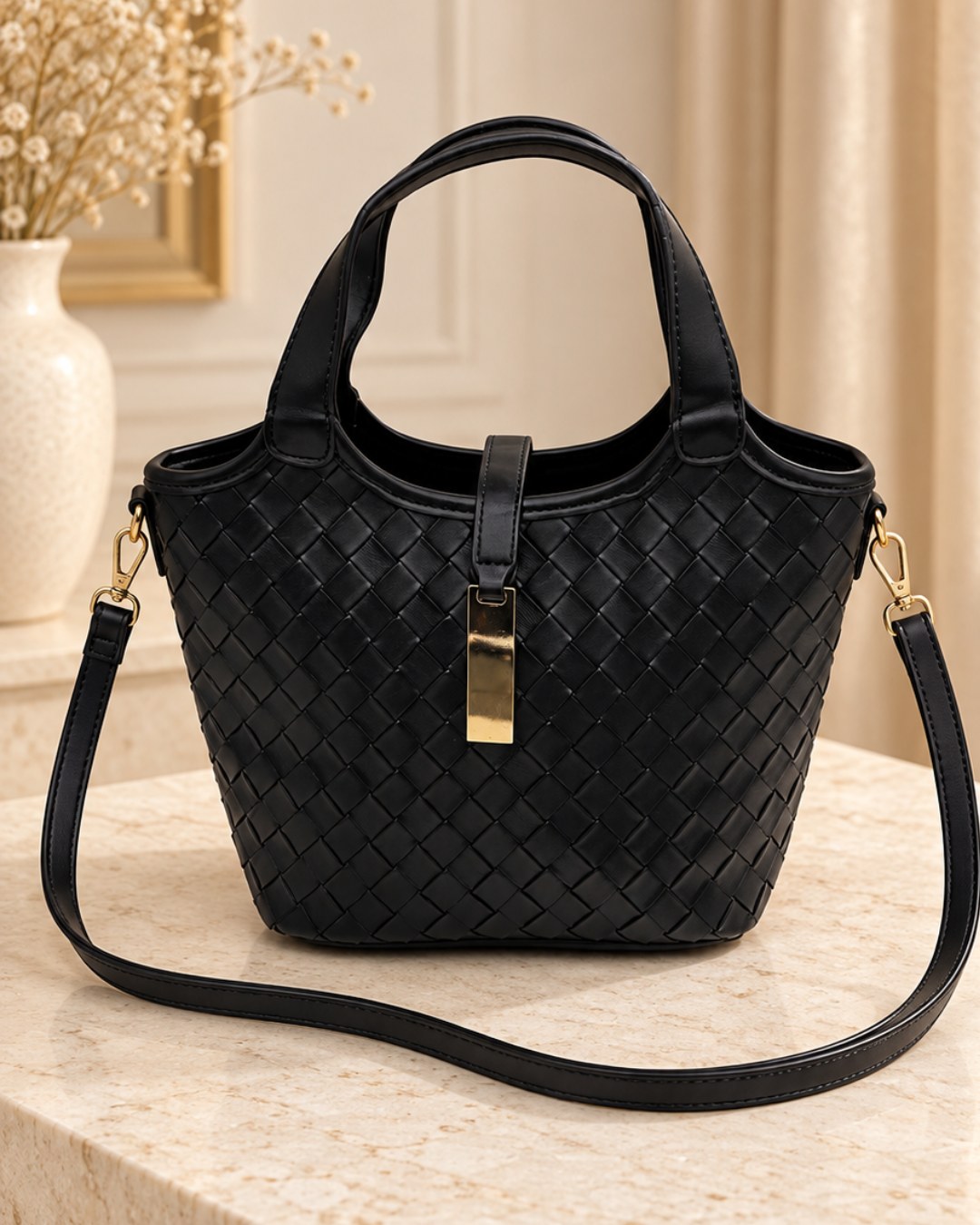 Bolso Negro Trenzado de Mujer con Bandolera y Detalle Dorado