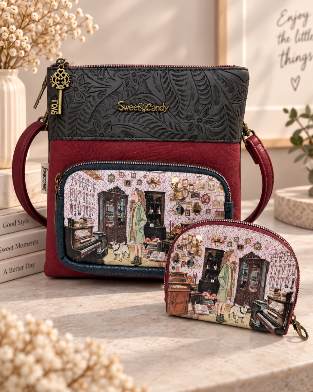 Bolso Bandolera Sweet Candy Burdeos y Negro con Estampado Vintage