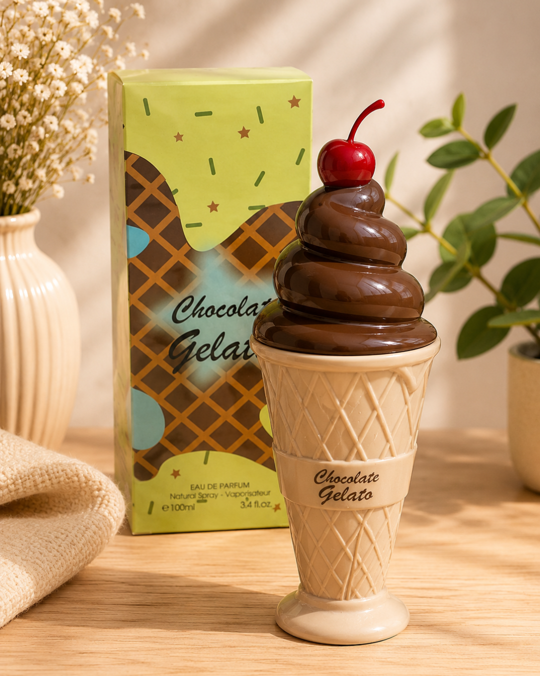 Frasco de perfume Chocolate Gelato 100ml con forma de helado de chocolate y cereza junto a su caja verde sobre mesa de madera.