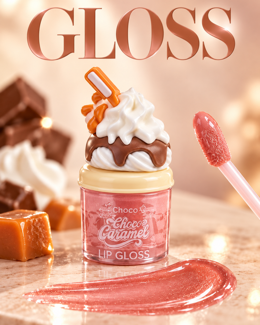 Gloss labial Choco Caramel rosa caramelo con efecto brillante y original envase inspirado en postre de chocolate y nata
