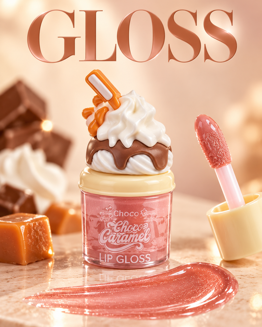 Gloss labial Choco Caramel rosa caramelo efecto cristal con brillo y original envase inspirado en chocolate nata y caramelo