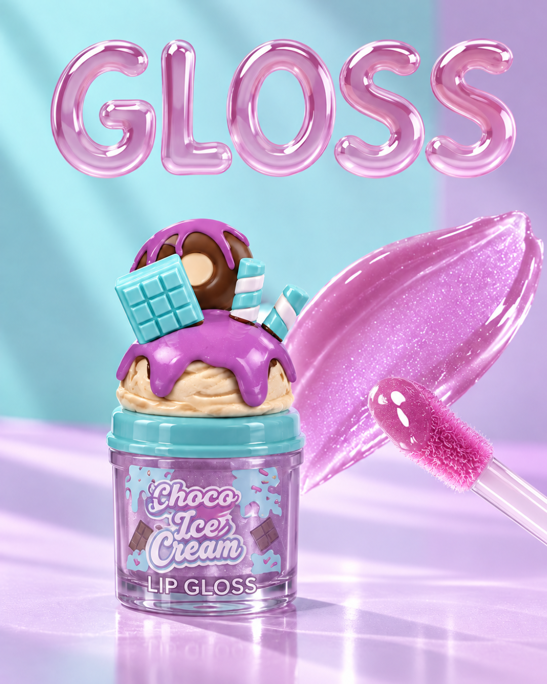 Gloss labial Choco Ice Cream rosa y lila efecto cristal con brillo y original envase inspirado en helado de chocolate