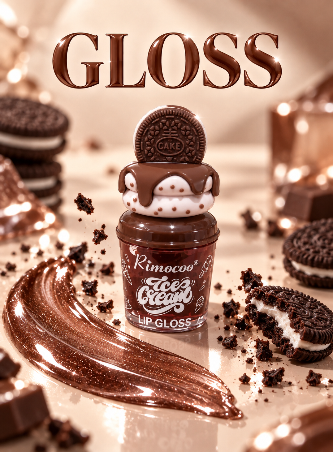 Gloss labial Kimoco Ice Cream chocolate efecto cristal con brillo y original envase decorado con galleta de cacao