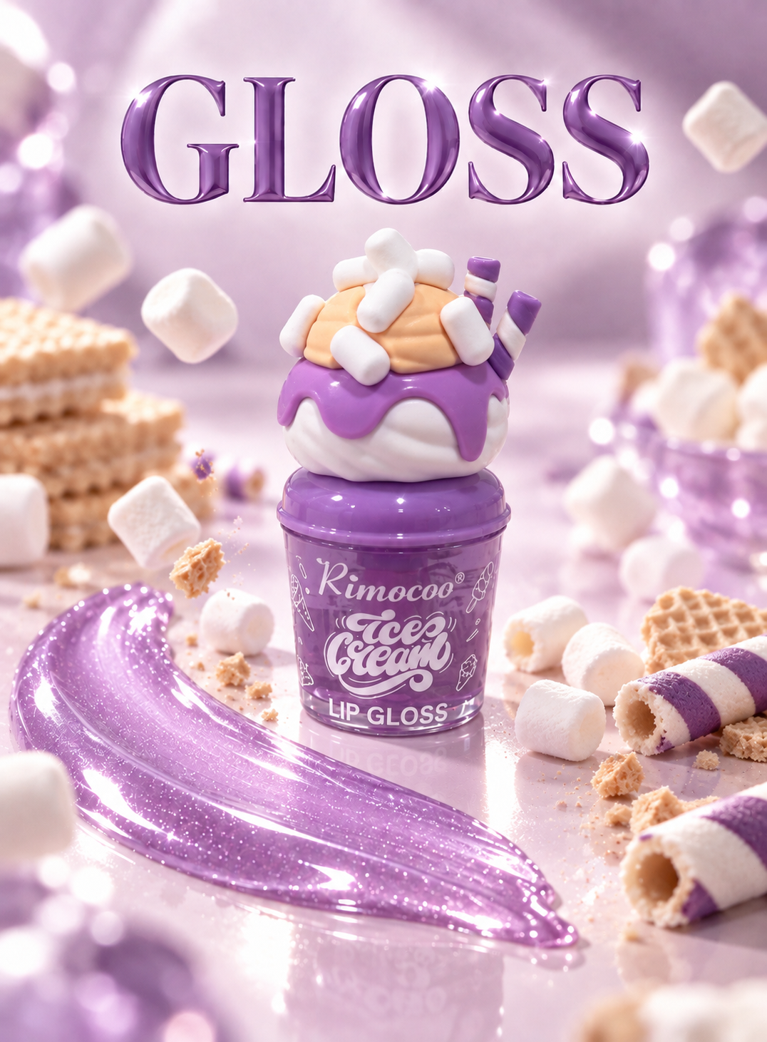 Gloss labial Kimoco Ice Cream morado y lila efecto cristal con brillo y original envase inspirado en helado y dulces