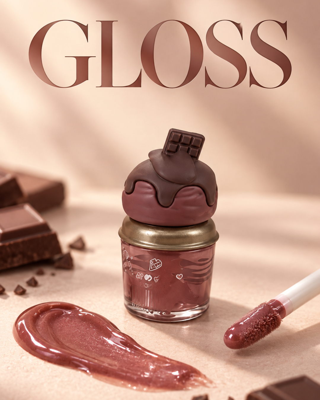 Gloss labial chocolate efecto cristal con brillo y original envase en forma de cupcake con tableta de chocolate