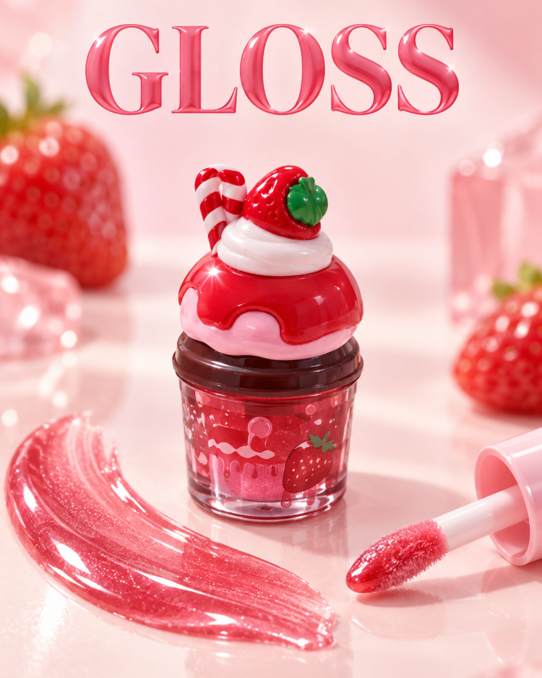 Gloss labial de fresa rosa efecto cristal con brillo y original envase cupcake decorado con fresa