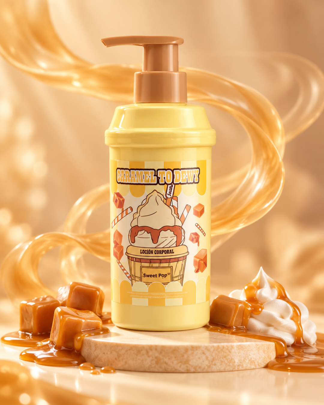 Loción corporal Caramel To Dew Sweet Pop hidratante con aroma dulce a caramelo y práctico envase con dosificador