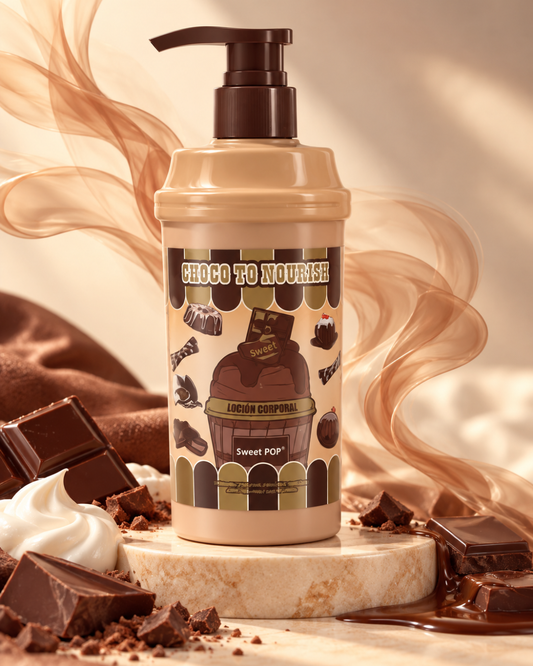 Loción corporal Choco To Nourish Sweet Pop hidratante con aroma dulce a chocolate y envase con dosificador