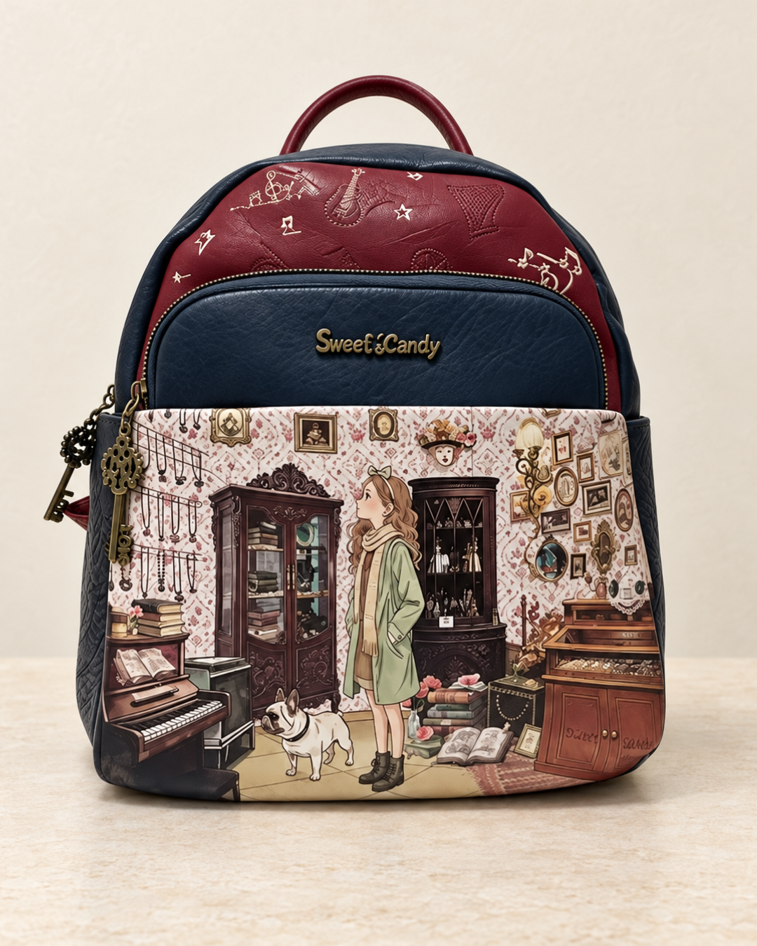 Mochila Sweet Candy mediana azul marino y burdeos con ilustración vintage de una chica y un perro entre libros y muebles antiguos.
