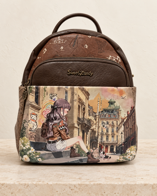Mochila Sweet Candy mediana marrón con ilustración de chica en una calle, bolsillo frontal y motivos musicales.