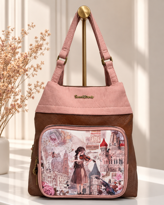 Mochila Sweet Candy mujer rosa y marrón con estampado vintage de violinista, bolsillo frontal con cremallera y asas regulables.