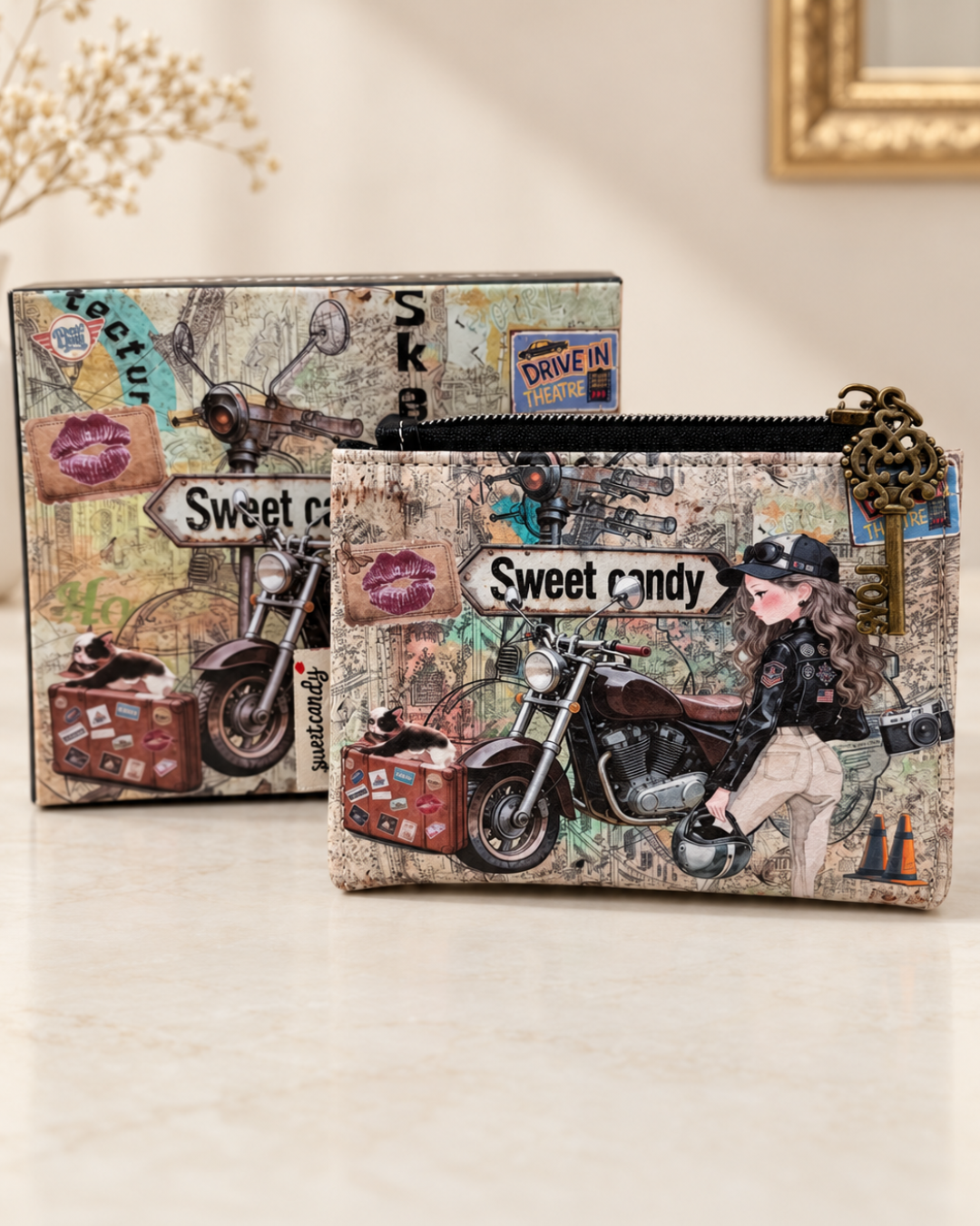 Monedero Sweet Candy con estampado vintage de chica motorista, cremallera con tirador de llave y caja de regalo a juego