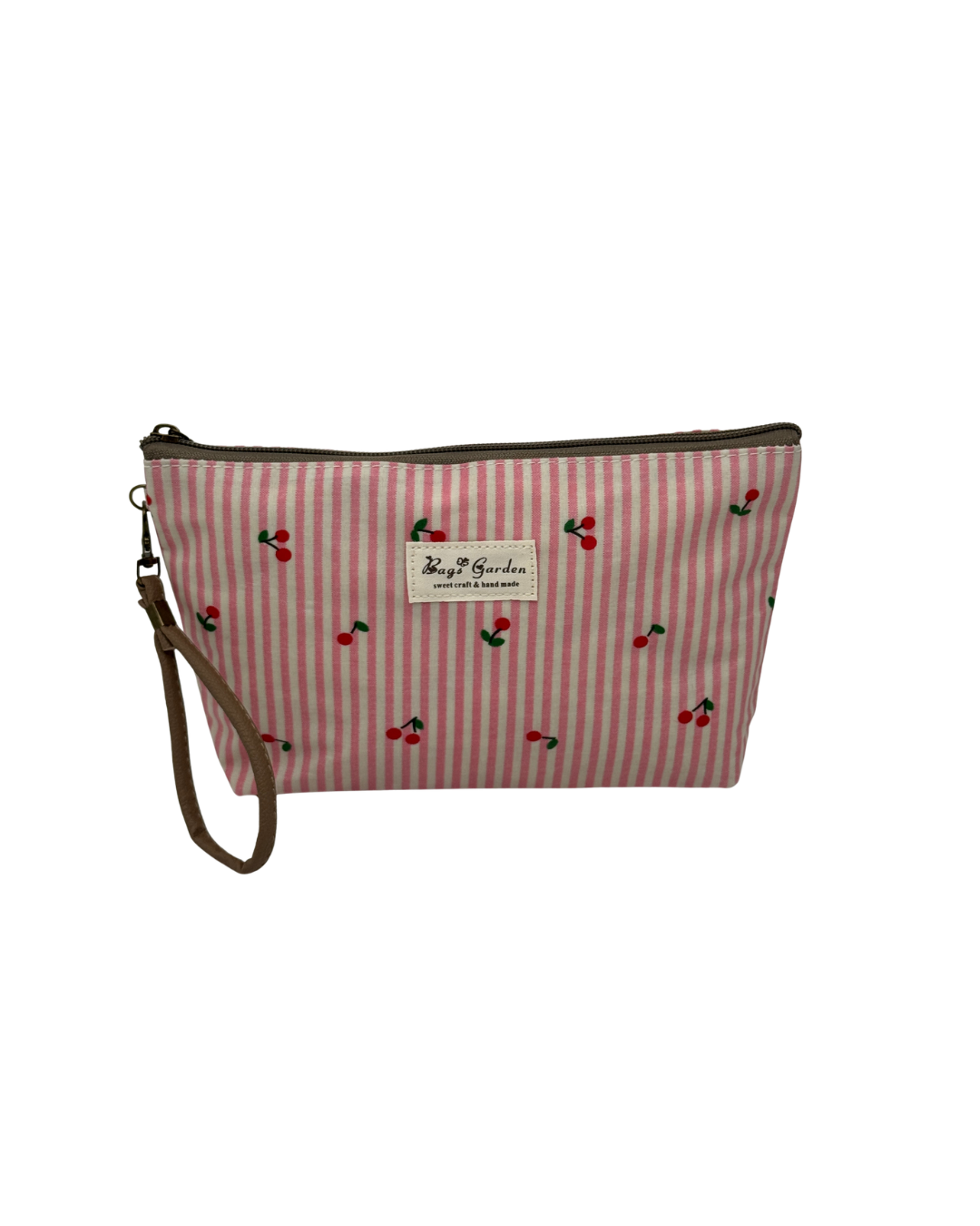 Neceser de tela de rayas rosa y blanco con estampado de cerezas, asa de mano marrón y etiqueta de Bags Garden sobre fondo blanco.