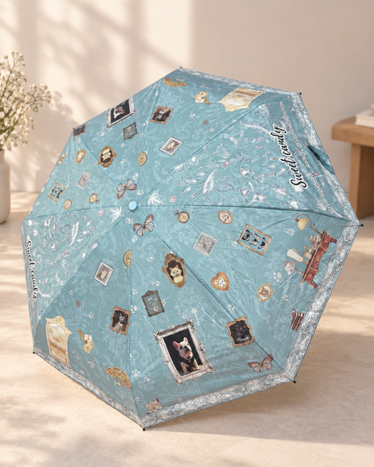 Paraguas plegable pequeño Sweet Candy azul de edición limitada con estampado vintage