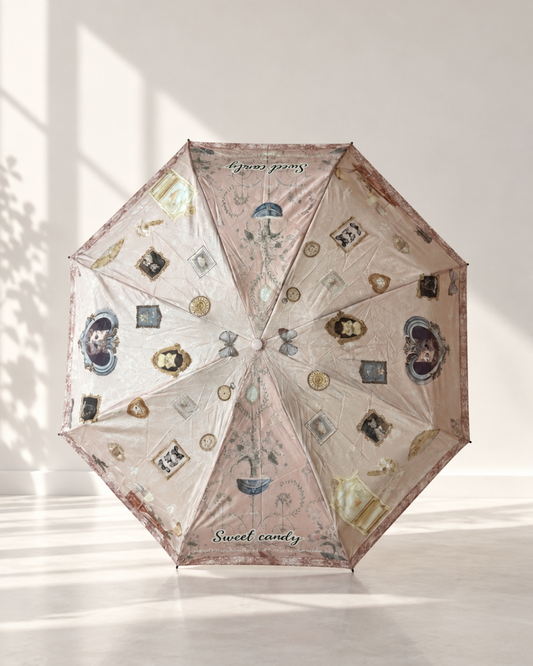Paraguas plegable pequeño Sweet Candy edición limitada rosa con estampado vintage y funda rígida