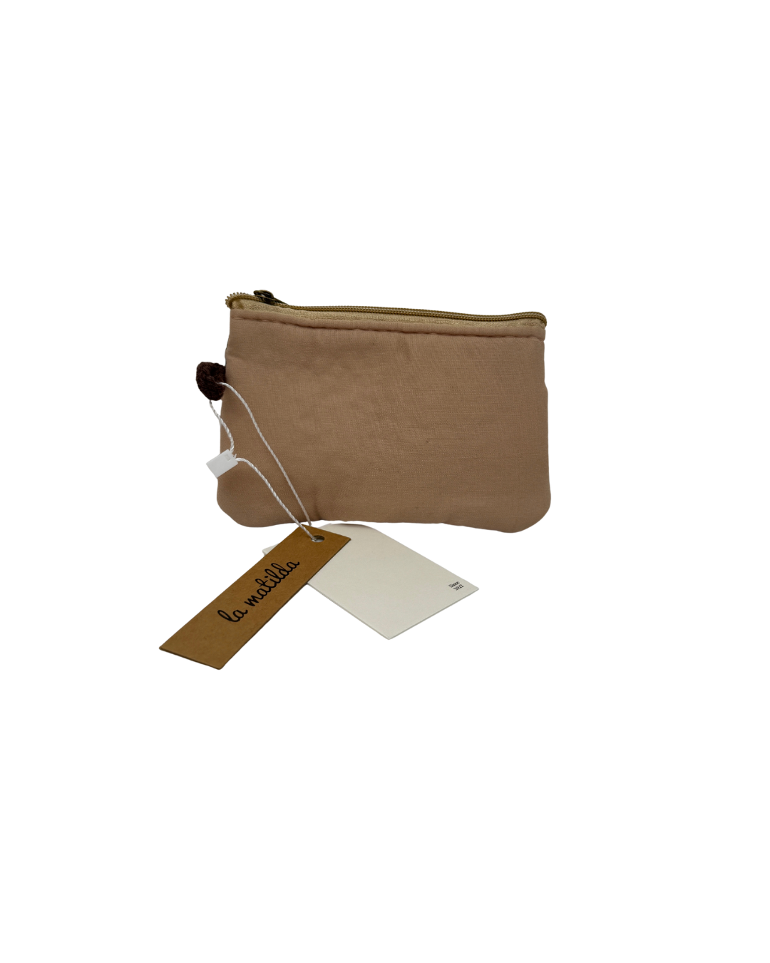 Parte trasera lisa y acolchada de monedero beige La Matilda con etiqueta de la marca