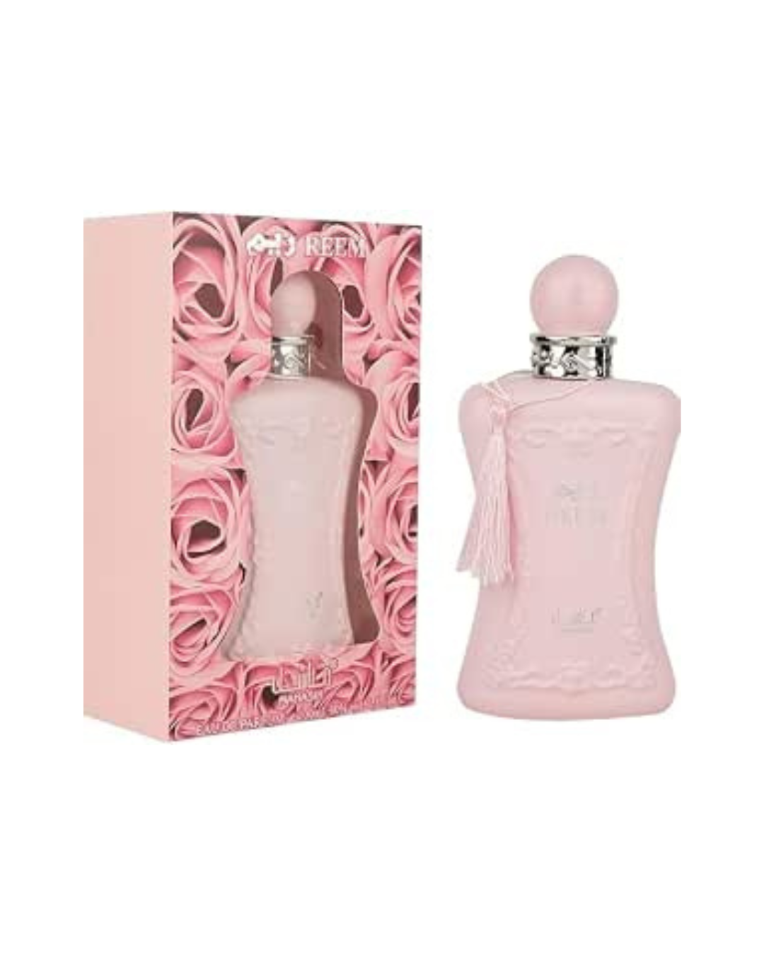 Frasco y caja del perfume árabe de mujer Mahasin Reem Eau de Parfum de 100ml en tono rosa con motivo de rosas.