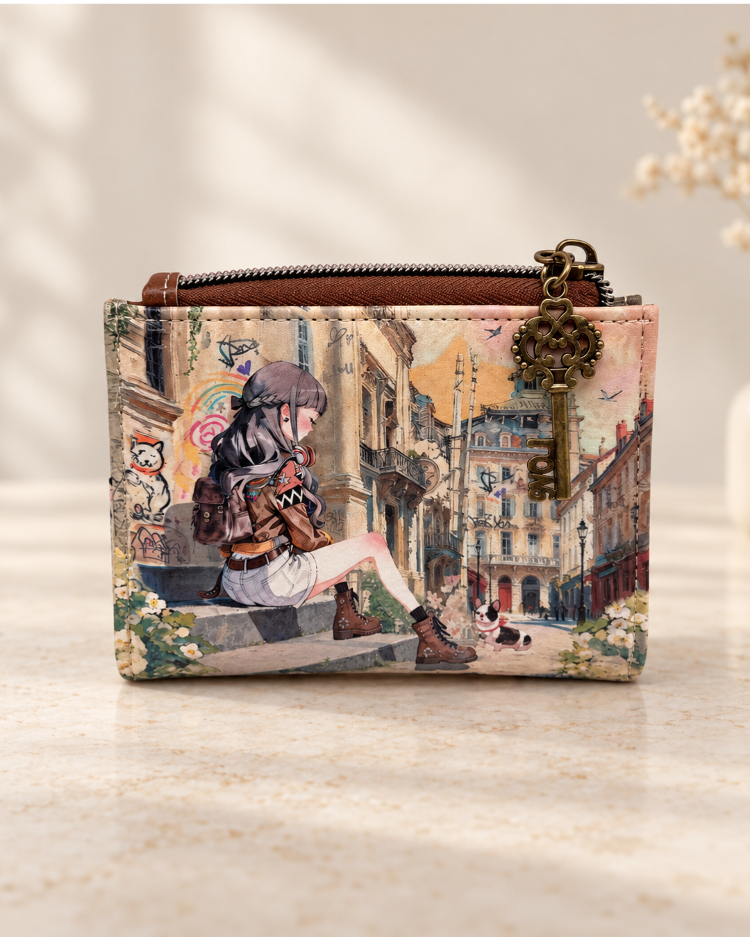 Parte delantera de cartera Sweet Candy con estampado ilustrado y colgante metálico de llave