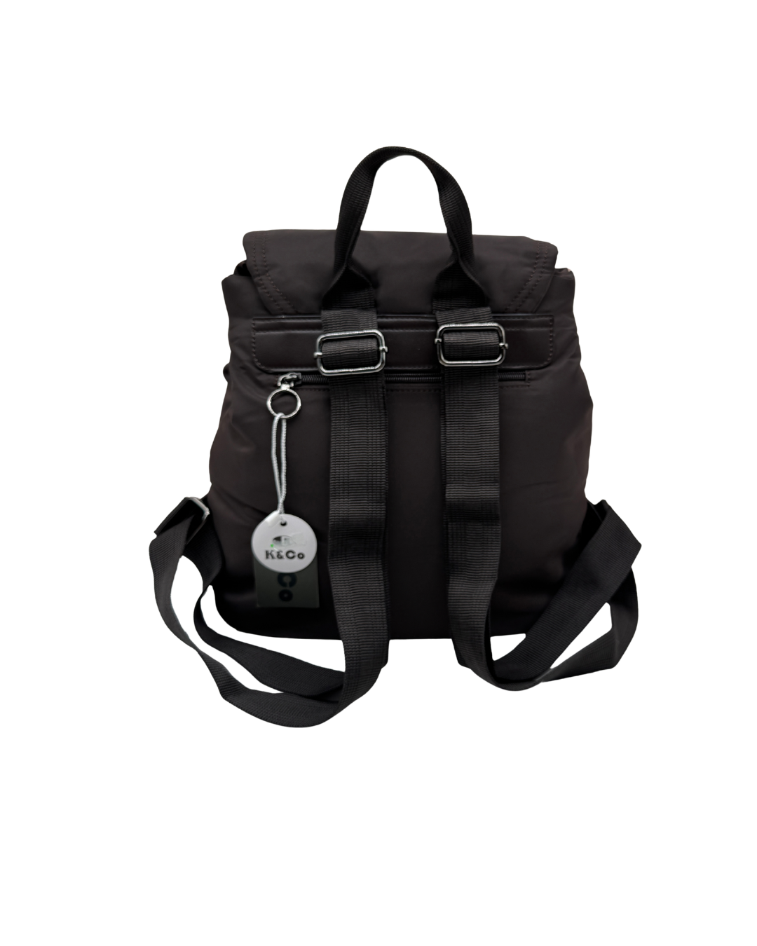 Parte trasera de mochila negra de mujer con correas ajustables