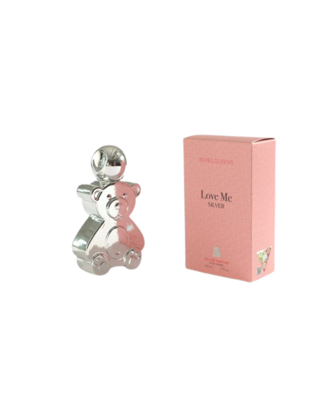 Perfume Love Me Silver Reyes Queens 50 ml Eau de Parfum para mujer con frasco de osito plateado y caja rosa