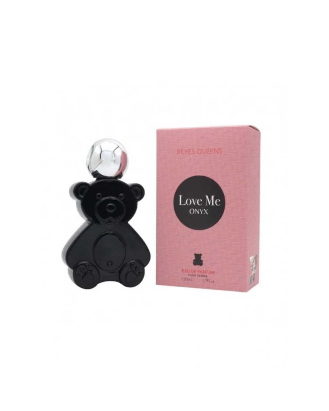 Perfume Osito Love Me Onyx Reyes Queens 50 ml para mujer con frasco negro y caja rosa