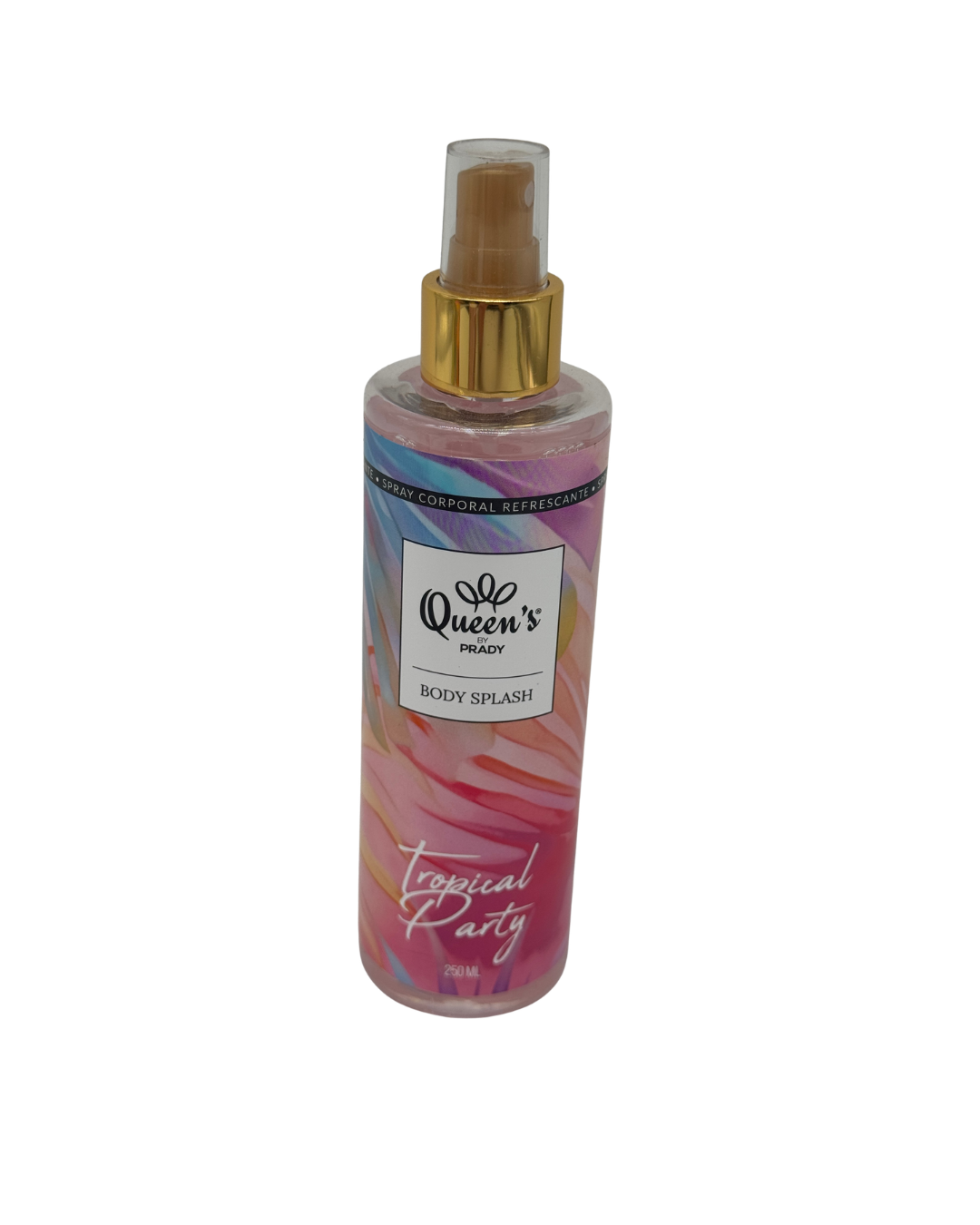 Frasco de spray corporal Queen’s by Prady Tropical Party Body Splash de 250ml con tonos rosas y violetas y tapón dorado.