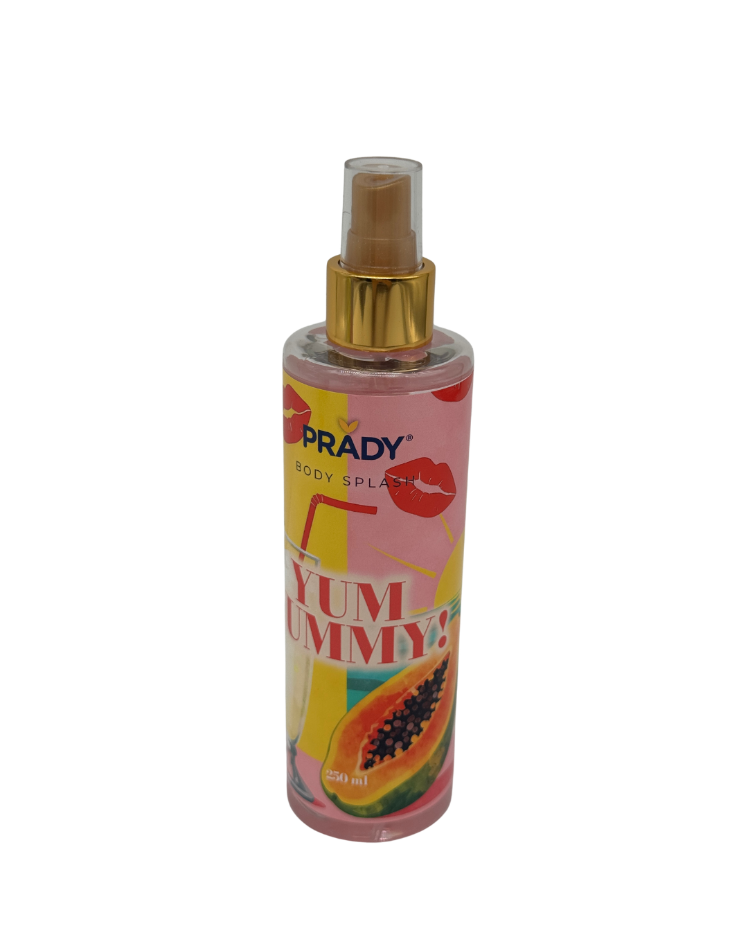 Frasco de spray corporal Prady Yum Yummy! Body Splash de 250ml con tonos rosas y amarillos, diseño de papaya y labios.