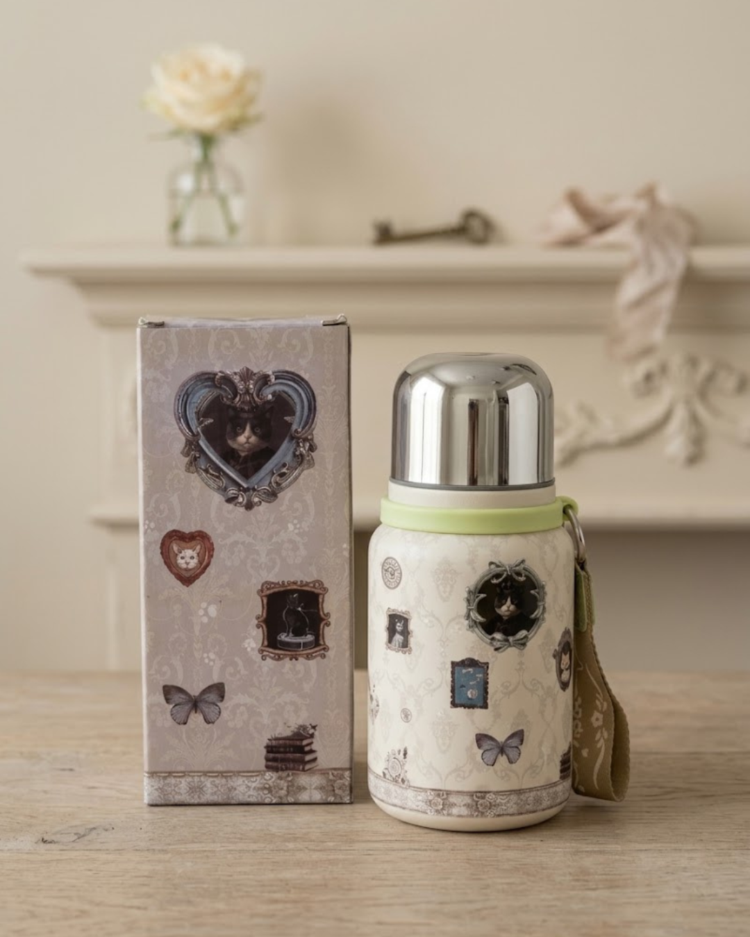 Termo Sweet Candy de 350 ml con diseño vintage de gatos victorianos junto a su caja de regalo sobre mesa de madera.