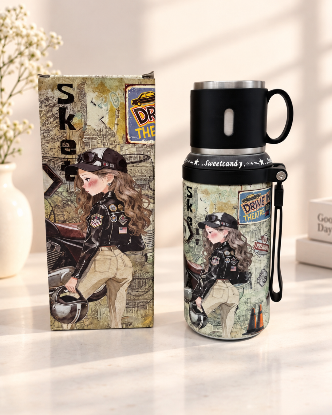 Termo Sweet Candy 750 ml negro con taza incorporada y diseño vintage de chica motera