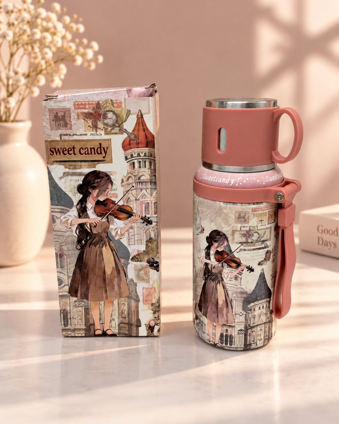 Termo Sweet Candy 750 ml rosa con taza incorporada y diseño vintage de violinista