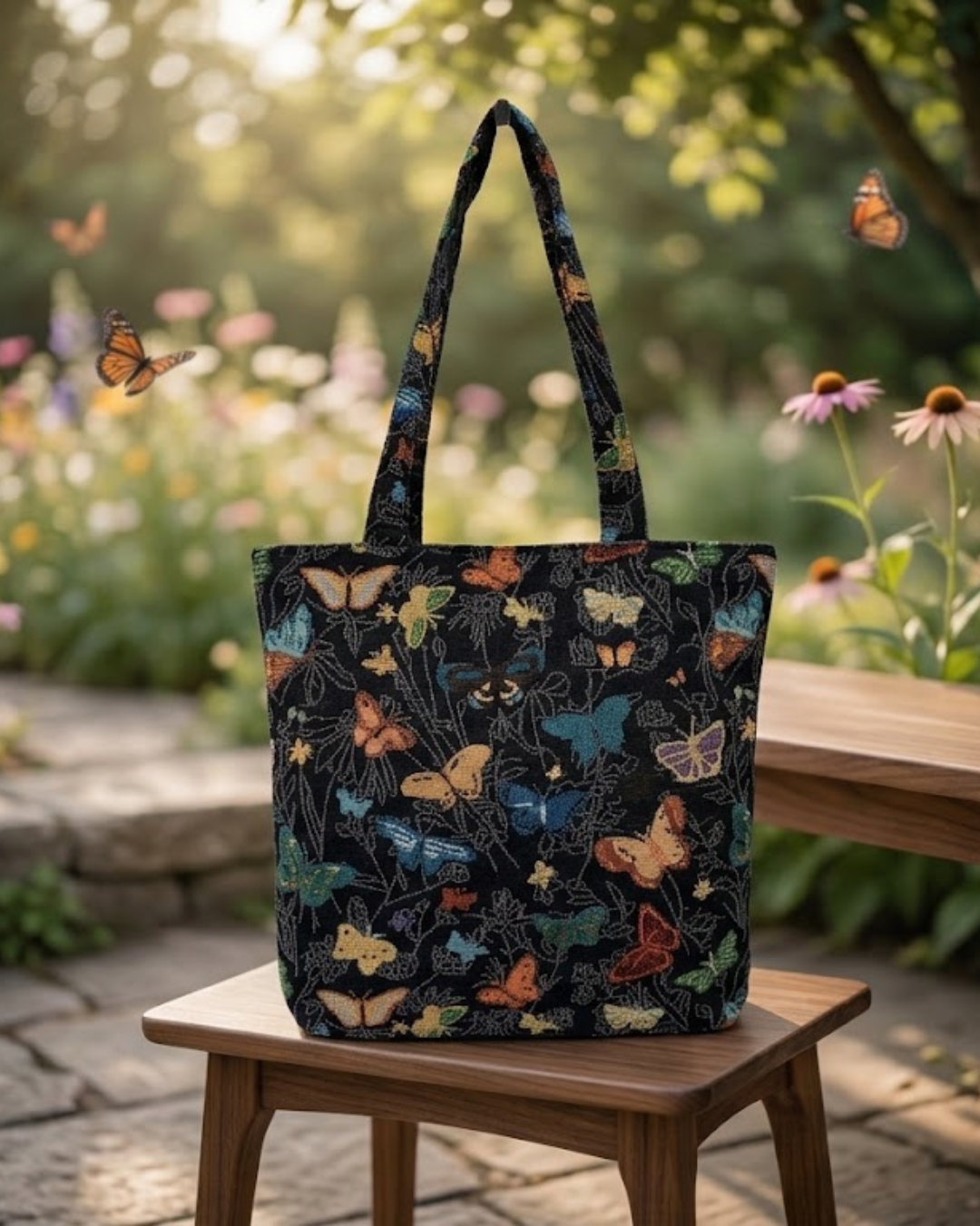 Vista posterior del bolso tote de tela con mariposas multicolor La Matilda