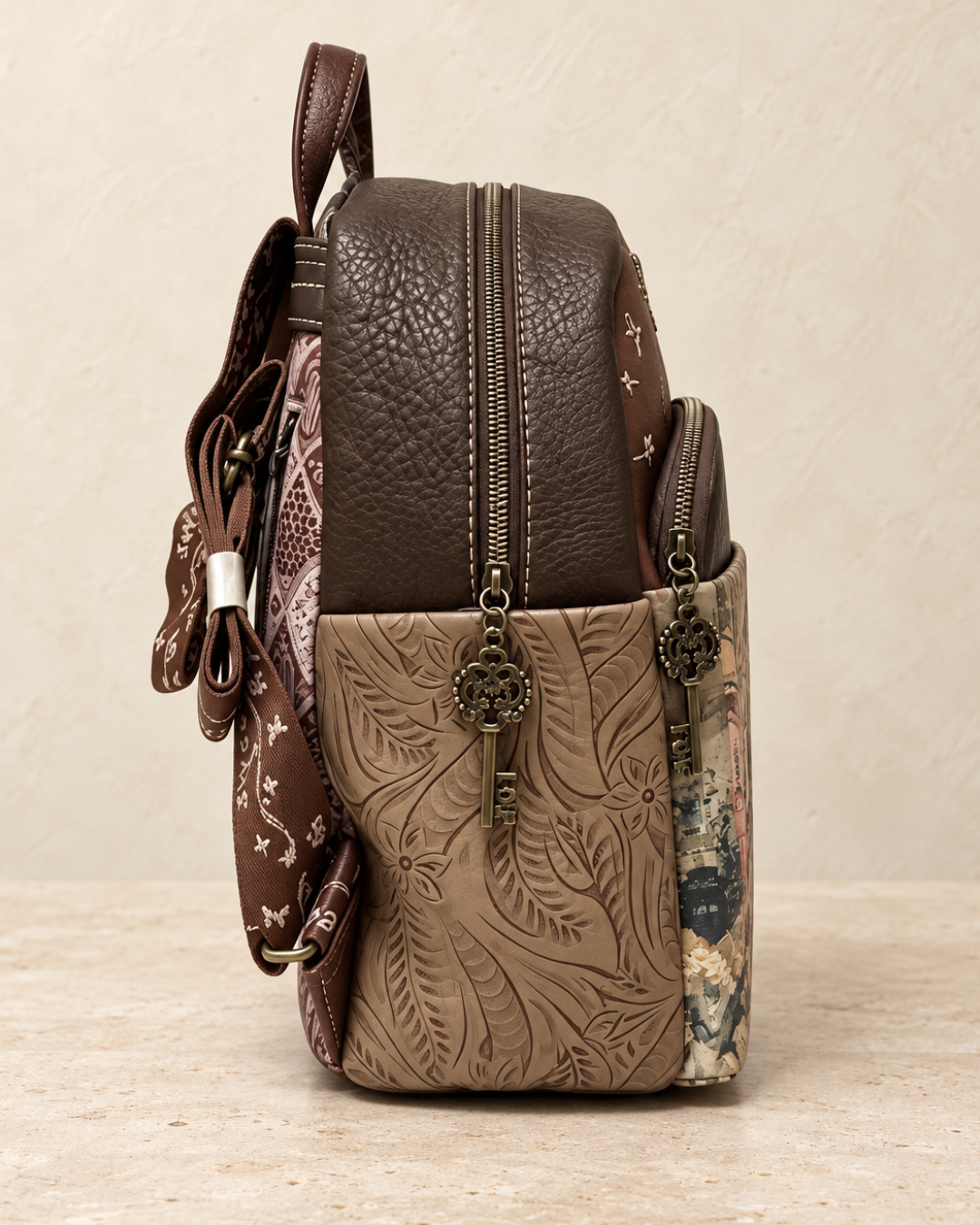 Vista lateral de mochila Sweet Candy marrón con hojas en relieve y tiradores de cremallera con forma de llave.