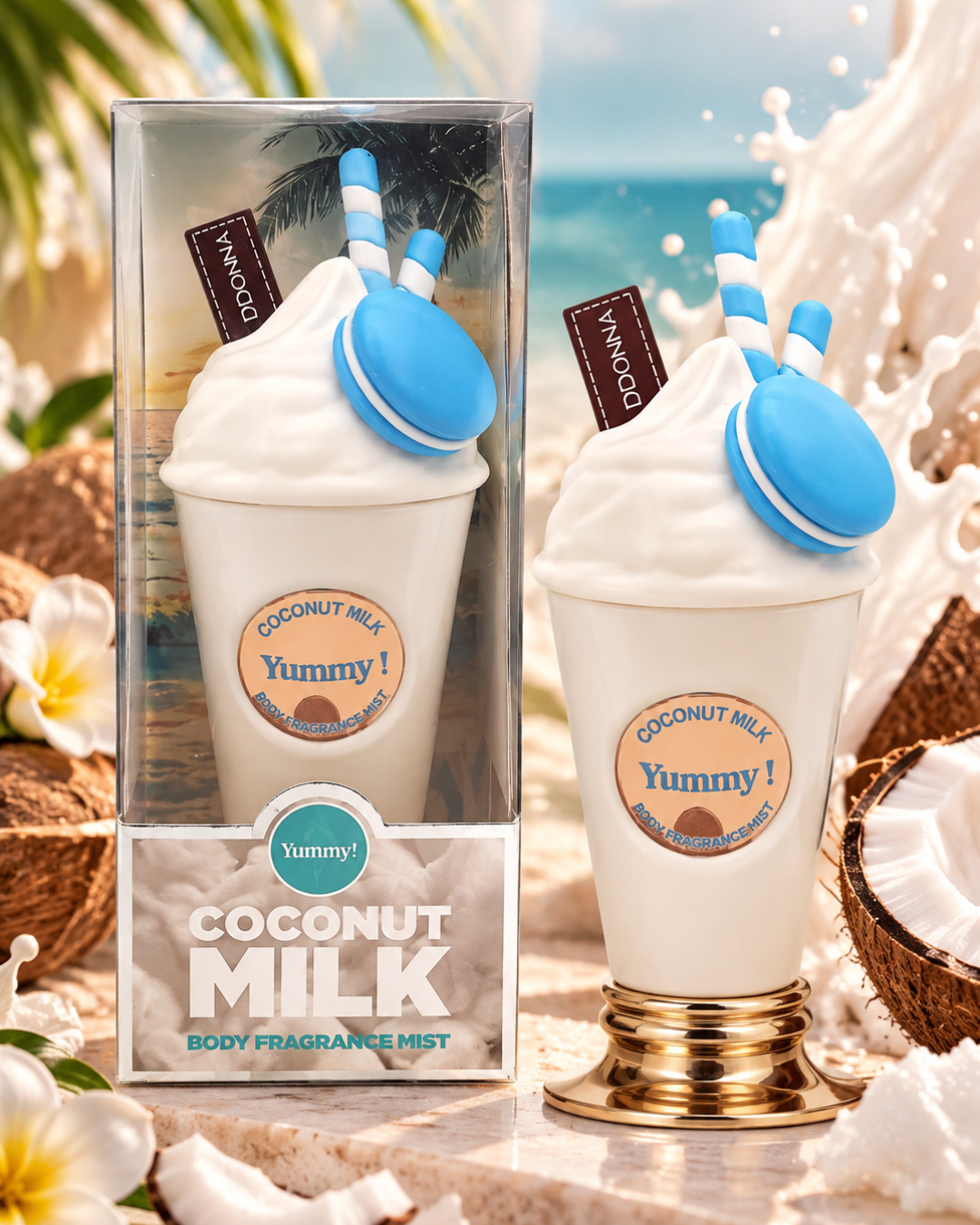 Yummy Coconut Milk Body Fragrance Mist, bruma corporal con aroma a coco y leche de coco en envase original tipo batido junto a su caja